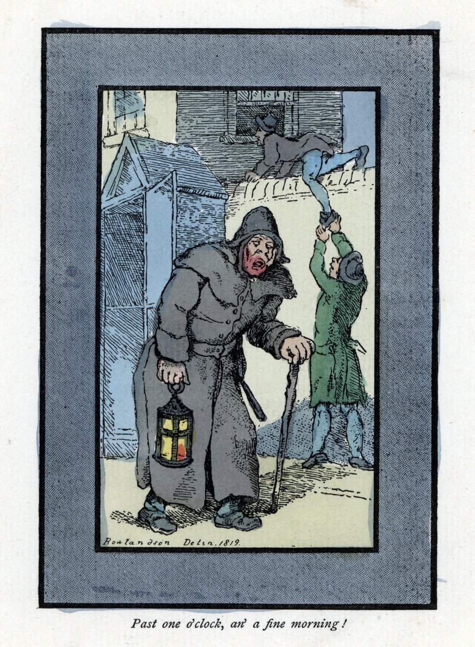 Nattevakt med lykten og stokken, uoppmerksom på to innbruddstyver som kommer inn i et hus bak ham (1819). Tregravering, basert på et maleri av Thomas Rowlandson (1756-1827), publisert i The Cris of London: med seks sjarmerende barn og nesten 40 illus. av Thomas Rowlandson