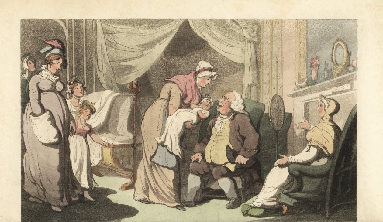 Sykepleier viser en baby til en gammel mann og kvinne av Thomas Rowlandson