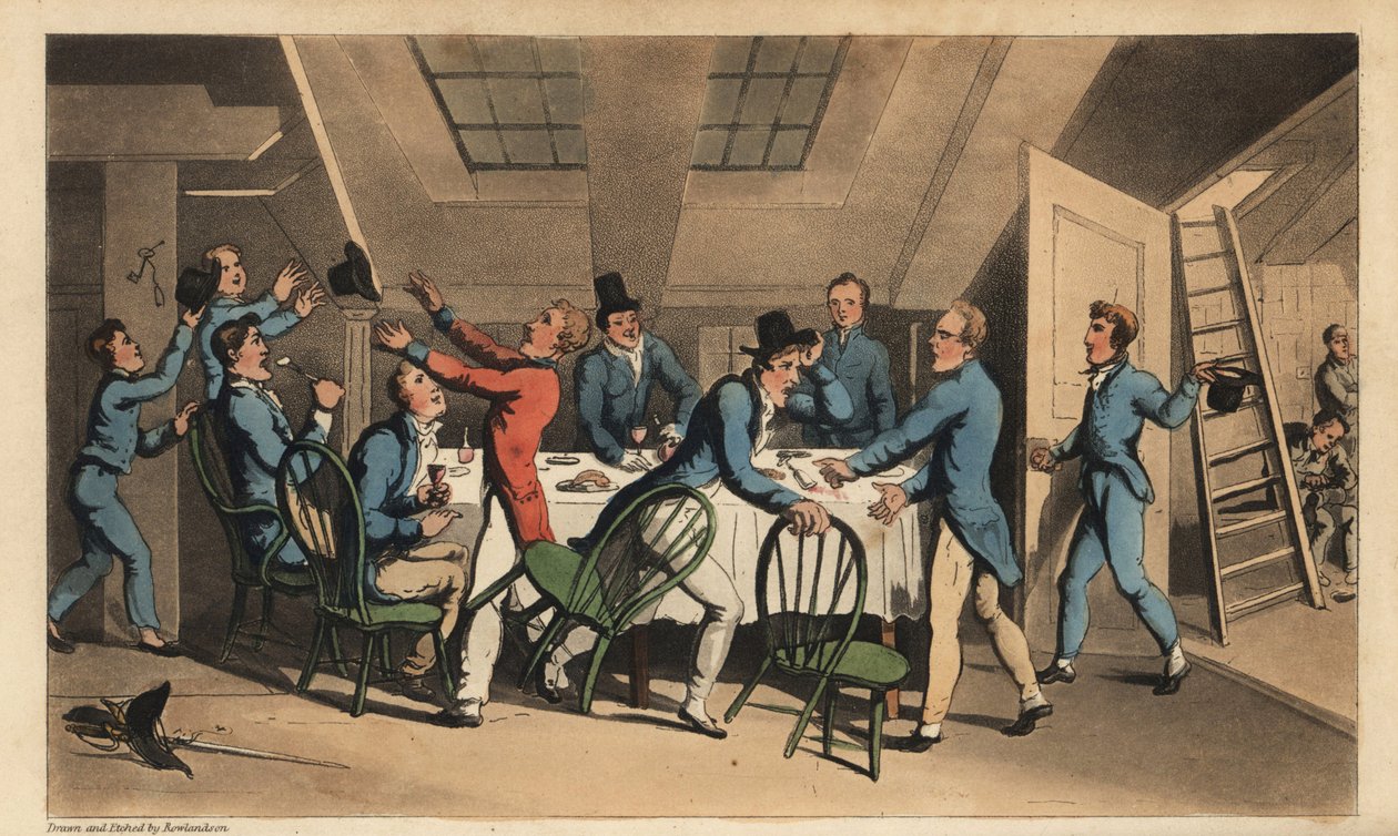 Offiserer og midtskipsmenn feirer nyheten om at kapteinen har forlatt skipet. Håndfarget kobberstikk av W. Lest etter en illustrasjon av Thomas Rowlandson fra Alfred Burtons The Adventures of Johnny Newcombe in the Navy, Simpkin, London av Thomas Rowlandson