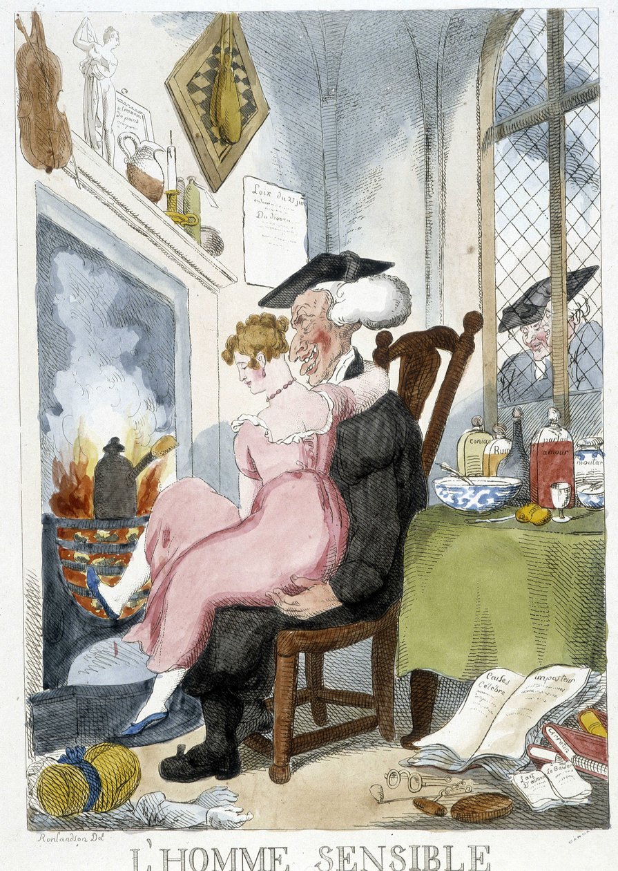 Gammel mann (esiastisk) famler etter en ung kvinne som sitter på knærne - karikatur av Rowlandson av Thomas Rowlandson