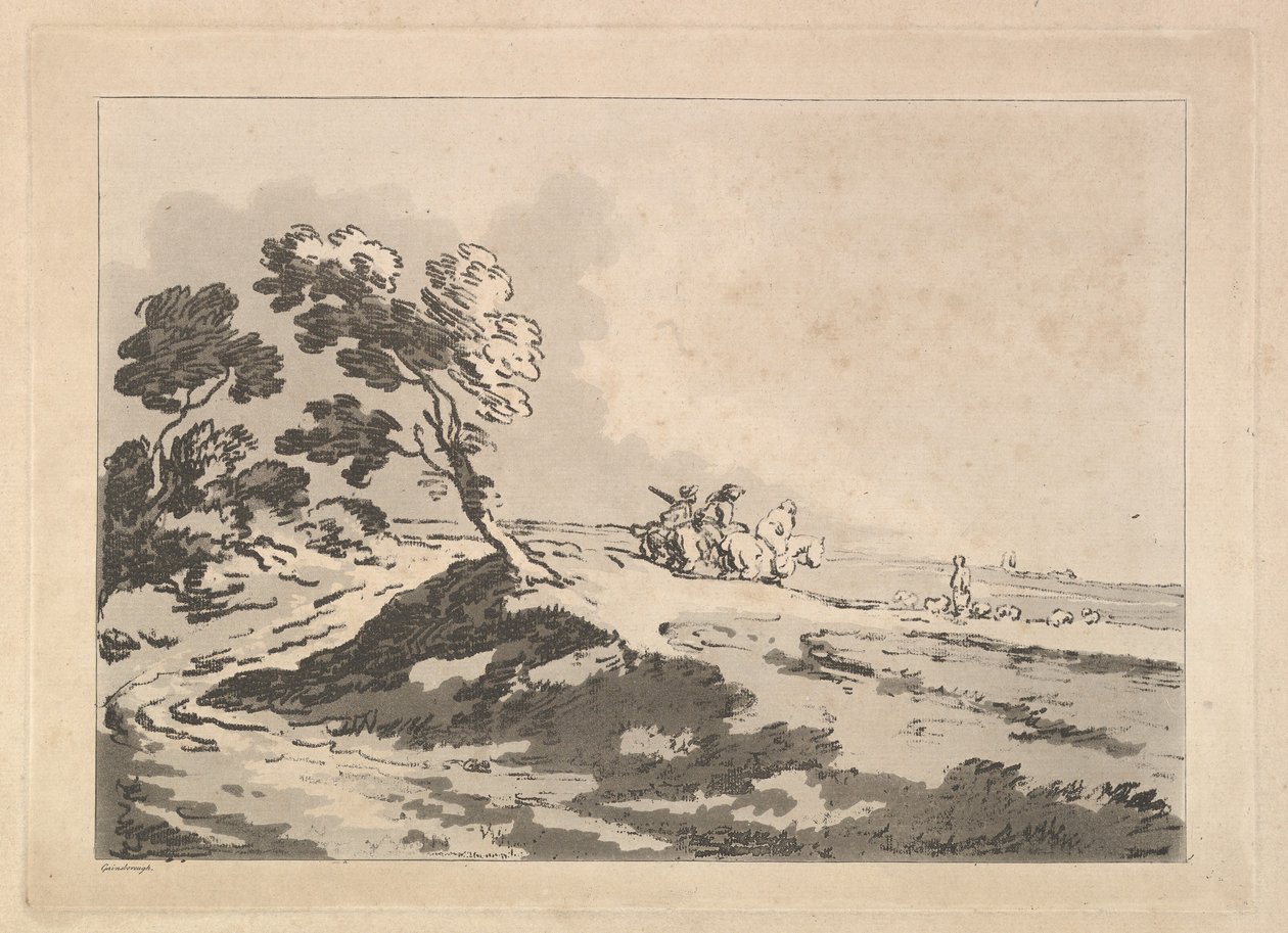 Åpent landskap med tre ryttere i mellomdistanse på vei til høyre, Windblo..., 1784-88. av Thomas Rowlandson