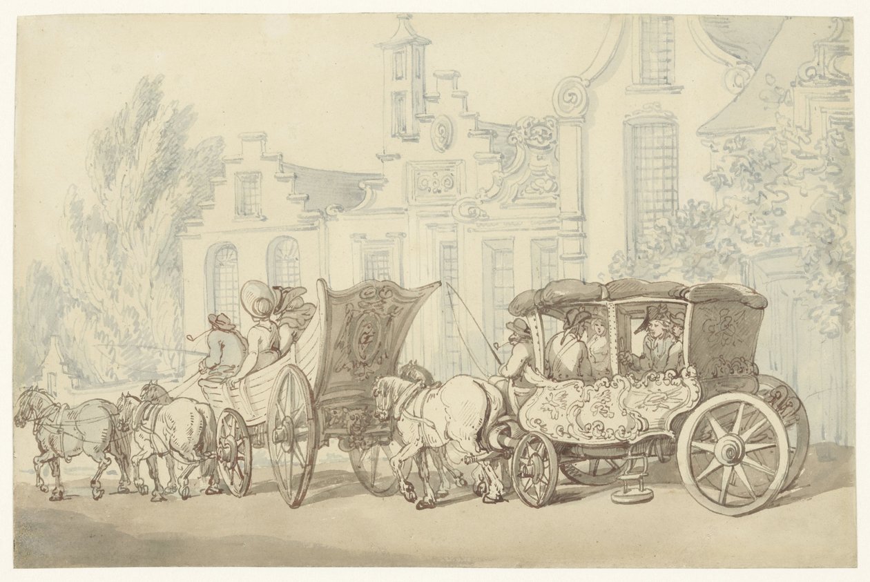 Åpen turbil og vogn i en kvasi-nederlandsk gate av Thomas Rowlandson