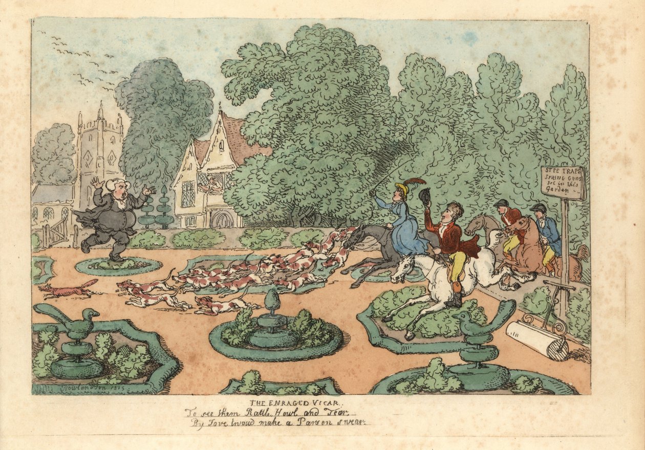 Prest som forbanner revjegere og hunder som tråkker hagen hans. av Thomas Rowlandson