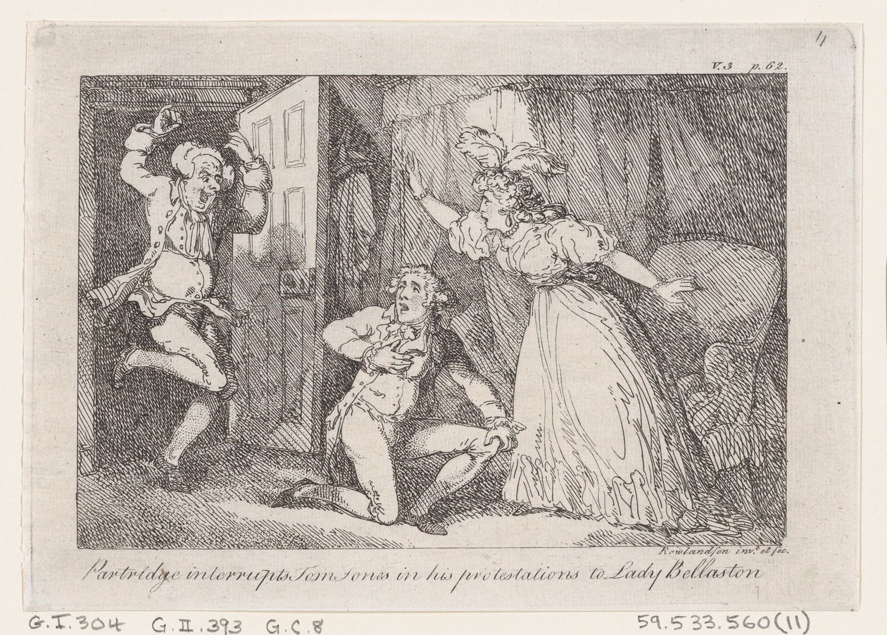 Partridge avbryter Tom Jones i sine protester til Lady Bellaston, fra The History o..., 1792. av Thomas Rowlandson