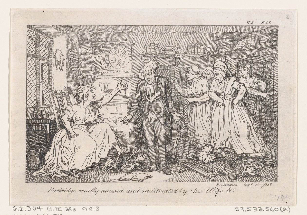 Partridge grusomt anklaget og mishandlet av sin kone, fra The History of Tom Jones, a Fo..., 1792. av Thomas Rowlandson