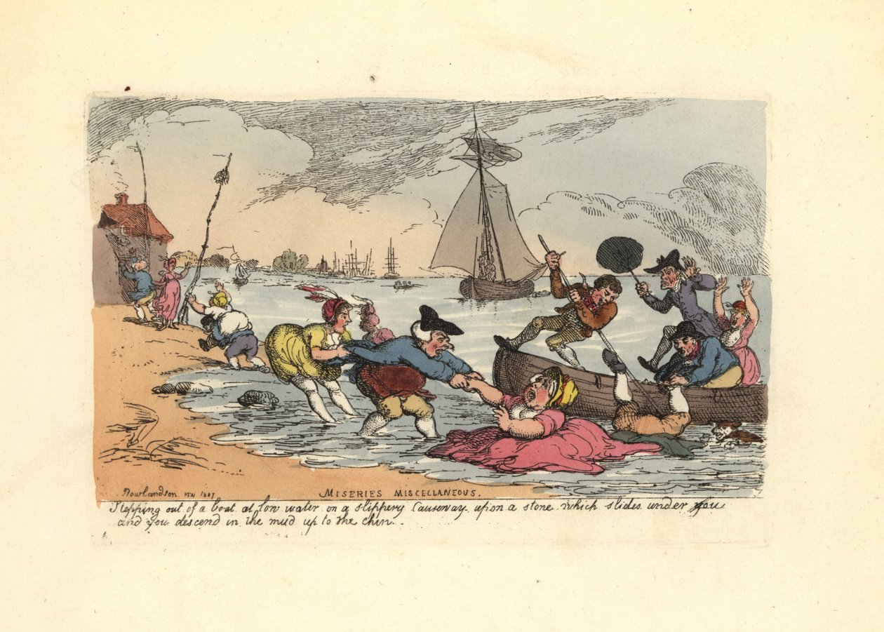 Passasjerer som glir og faller ned i elveslammet. av Thomas Rowlandson
