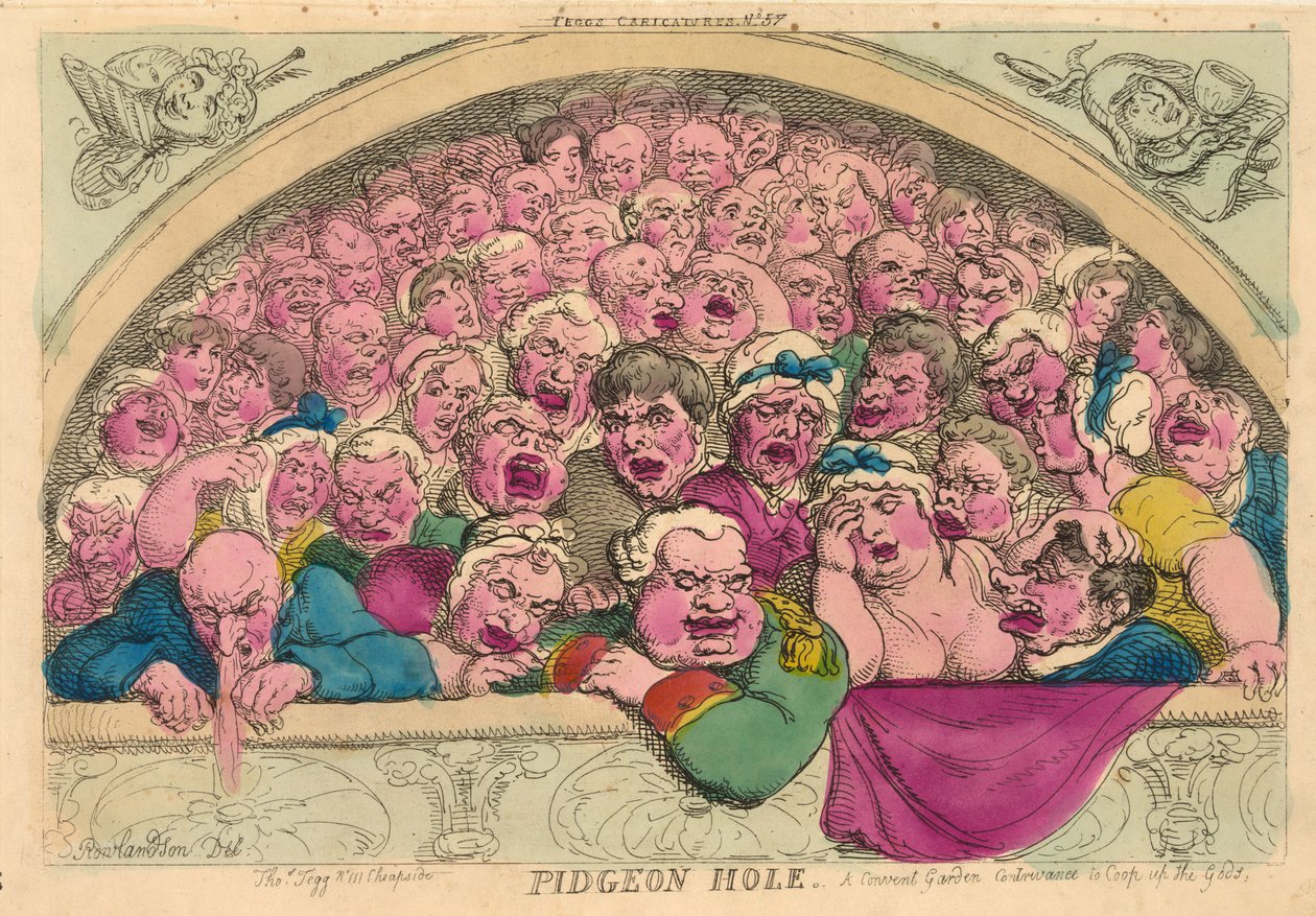 Pigeon Hole, A Convent Garden-konsept for å takle gudene, 1811 (håndfarget gravering) av Thomas Rowlandson