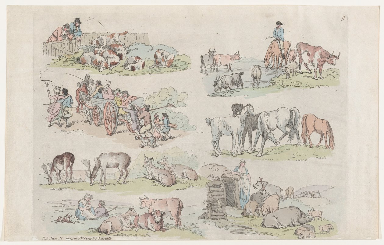 Plate 11, konturer av figurer, landskap og storfe...til bruk for elever..., 31. januar 1791. av Thomas Rowlandson