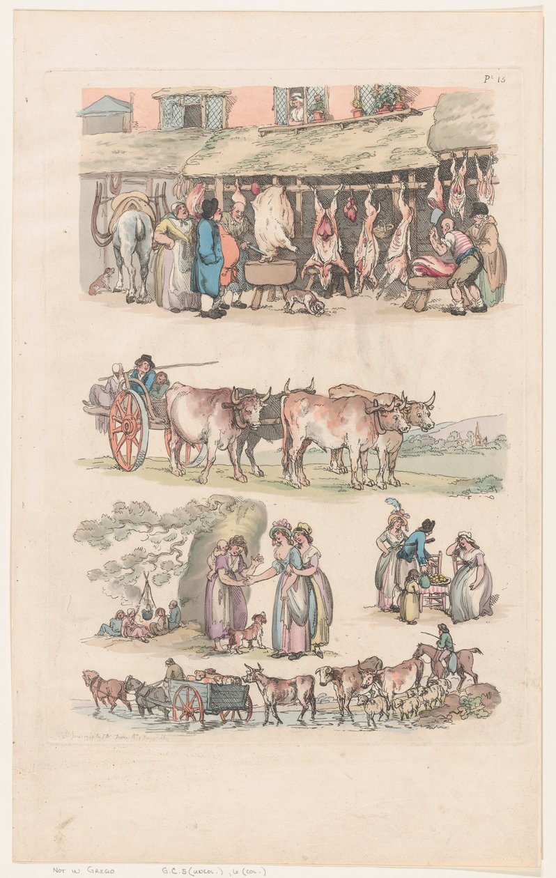 Plate 15, konturer av figurer, landskap og storfe...til bruk for elever, Ju..., 1. juni 1790. av Thomas Rowlandson