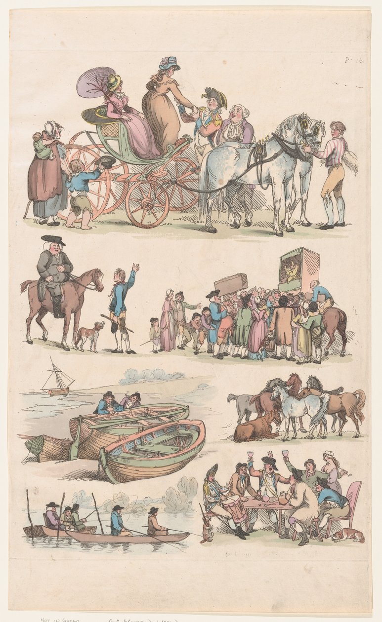 Plate 16, omriss av figurer, landskap og storfe...til bruk for elever, Ju..., 1. juni 1790. av Thomas Rowlandson