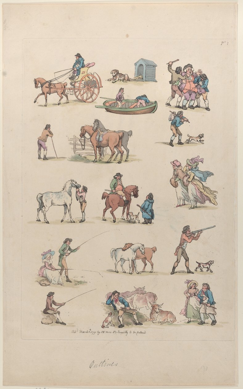 Plate 1, omriss av figurer, landskap og storfe...til bruk for elever, Ma..., 8. mars 1790. av Thomas Rowlandson