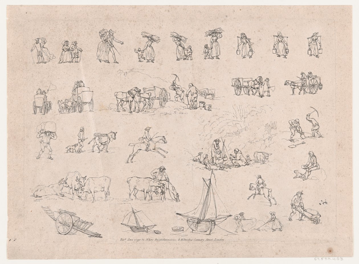 Plate 2, konturer av figurer, landskap og storfe...til bruk for elever, juni..., 1. juni 1790. av Thomas Rowlandson