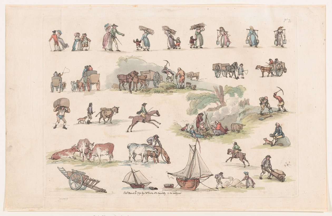 Plate 2, omriss av figurer, landskap og storfe...til bruk for elever, Ma..., 8. mars 1790. av Thomas Rowlandson