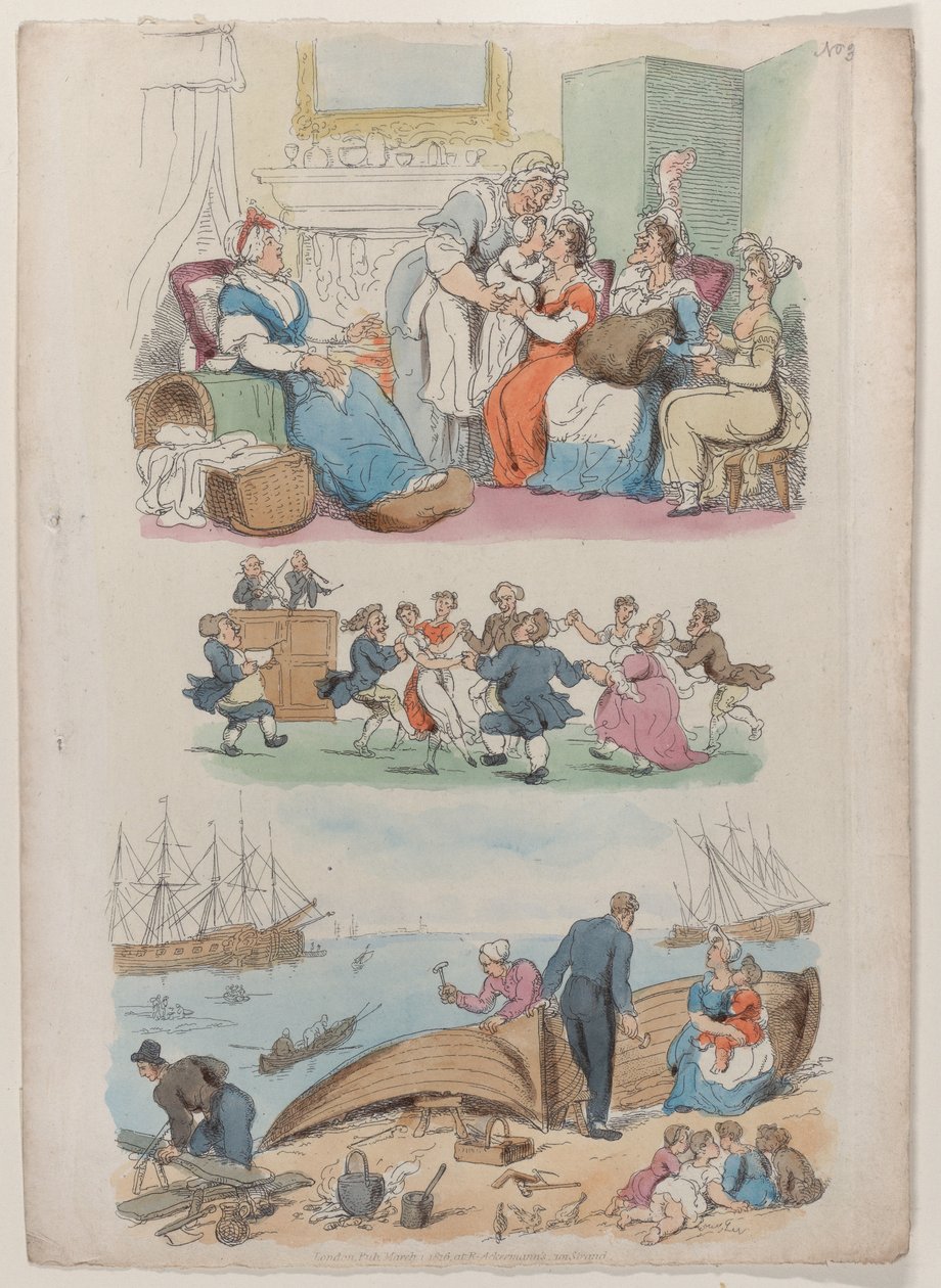 Plate 4: A Ligging-in Visit, A Round Dance, fra World in Miniature, 1816., 1816. av Thomas Rowlandson