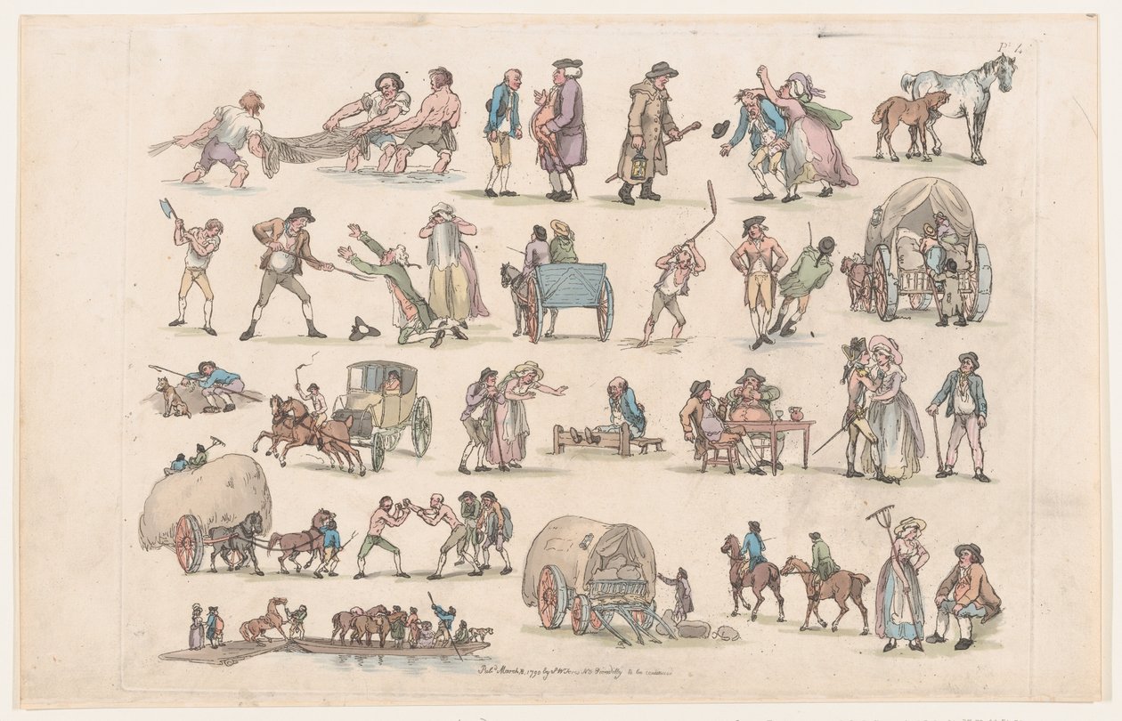 Plate 4, omriss av figurer, landskap og storfe...til bruk for elever, Ma..., 8. mars 1790. av Thomas Rowlandson