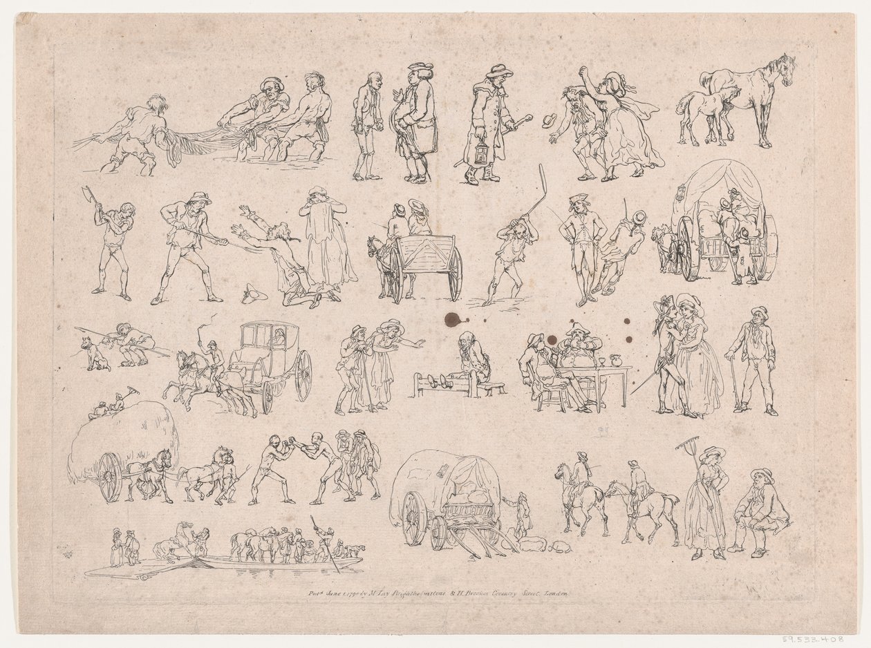 Plate 4, omriss av figurer, landskap og storfe...til bruk for elever, Ma..., 8. mars 1790. av Thomas Rowlandson