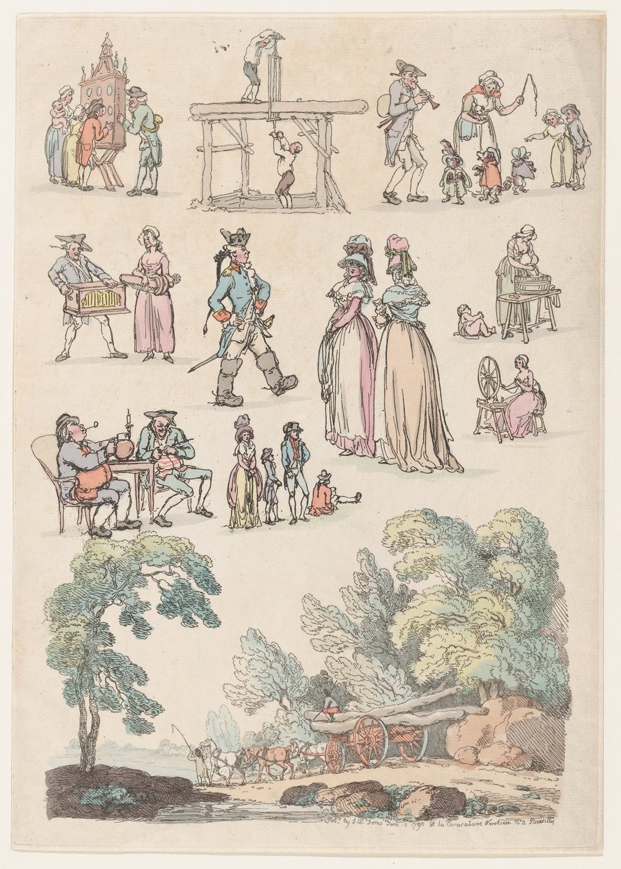 Plate 5, omriss av figurer, landskap og storfe...til bruk for elever, Ju..., 18. juni 1790. av Thomas Rowlandson
