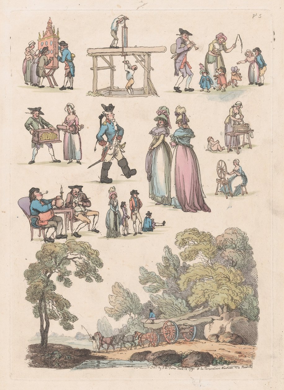 Plate 5, omriss av figurer, landskap og storfe...til bruk for elever, Ju..., 18. juni 1790. av Thomas Rowlandson