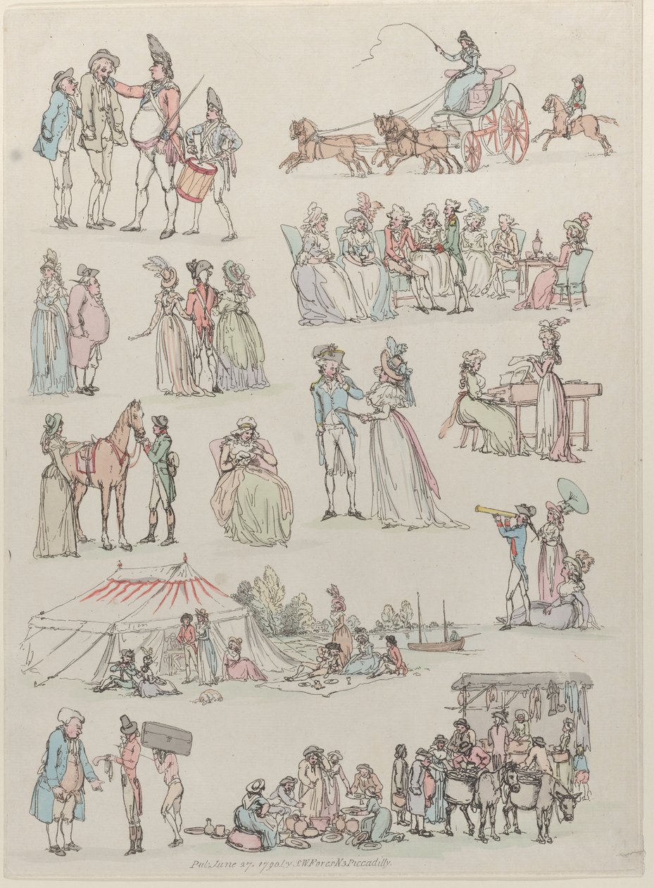 Plate 7, omriss av figurer, landskap og storfe...til bruk for elever, Ju..., 27. juni 1790. av Thomas Rowlandson