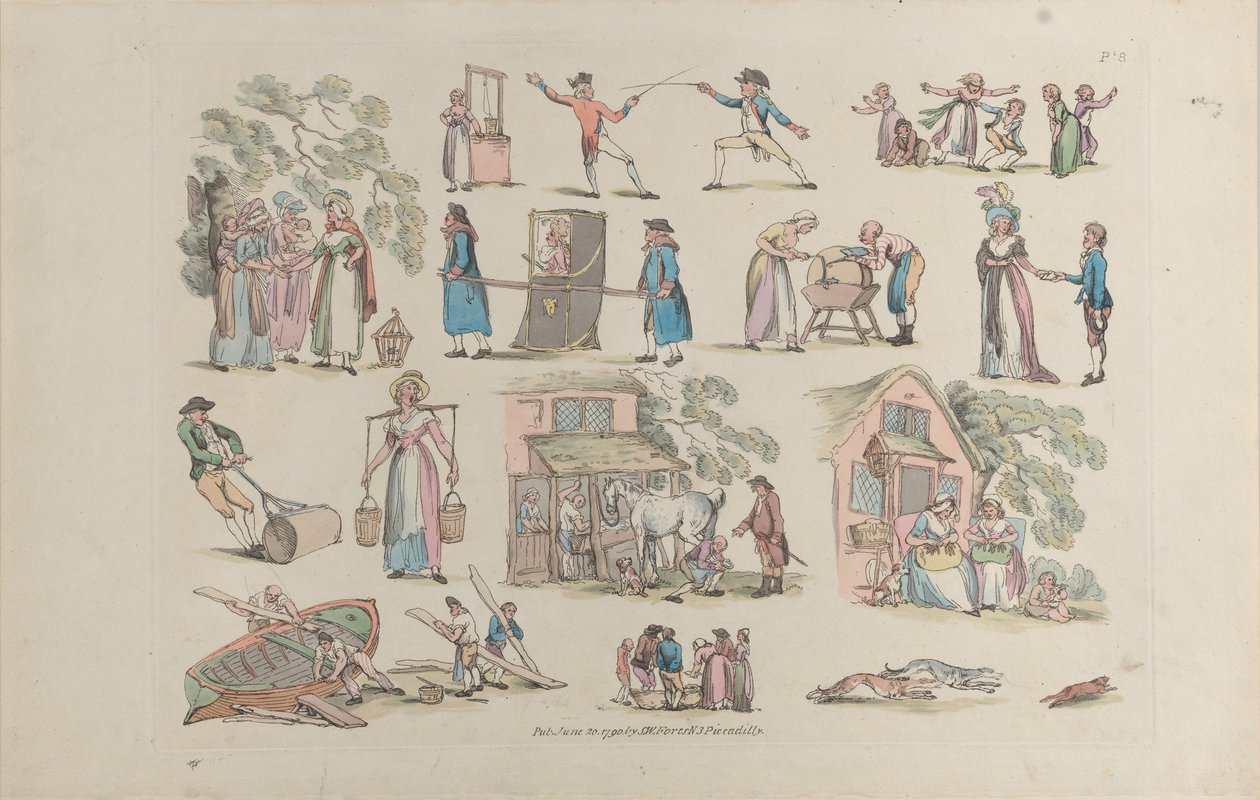 Plate 8, omriss av figurer, landskap og storfe...til bruk for elever, Ju..., 20. juni 1790. av Thomas Rowlandson