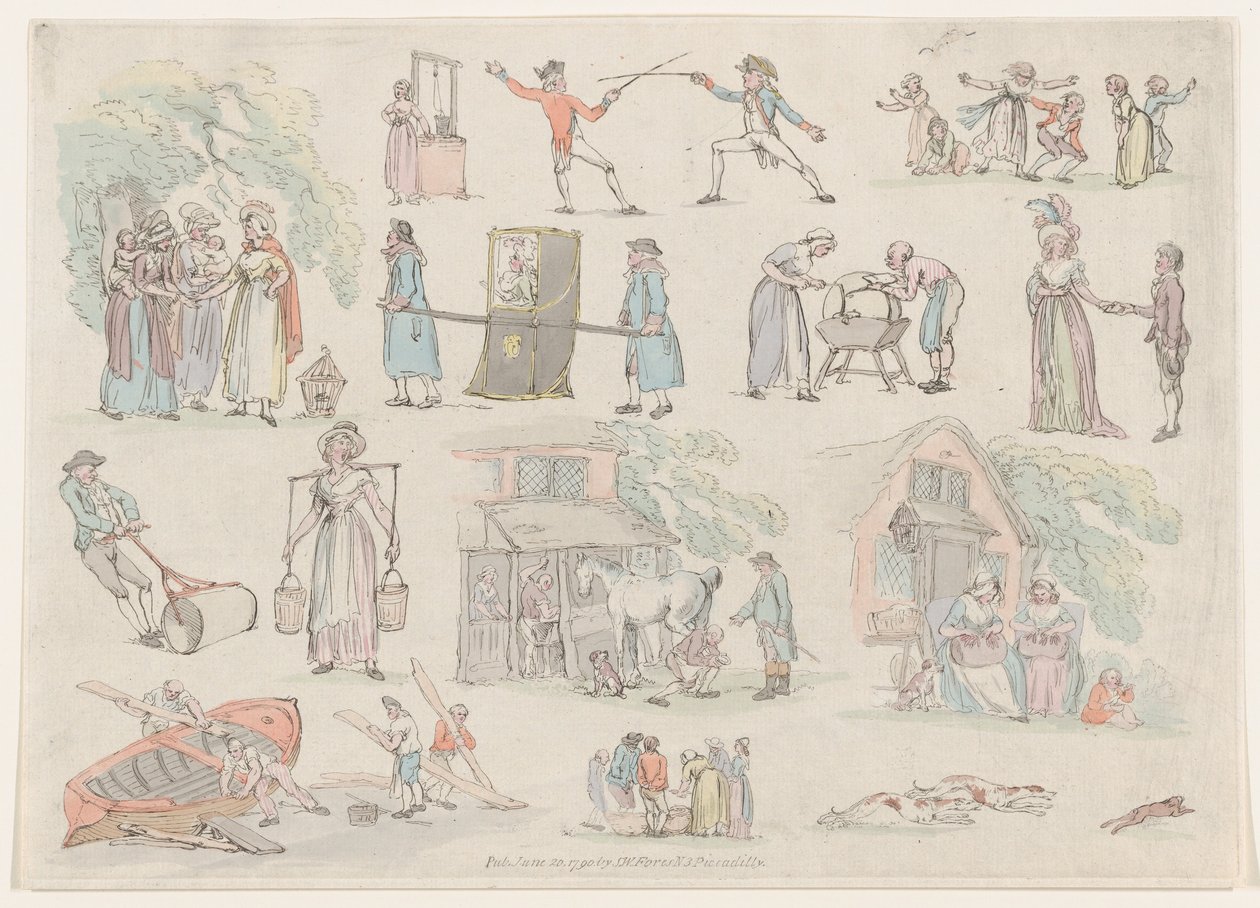 Plate 8, omriss av figurer, landskap og storfe...til bruk for elever, Ju..., 20. juni 1790. av Thomas Rowlandson