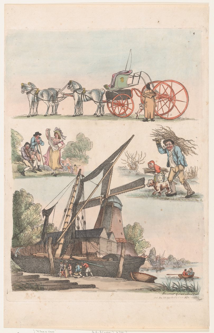 Plate 9, omriss av figurer, landskap og storfe...til bruk for elever,..., 20. januar 1791. av Thomas Rowlandson