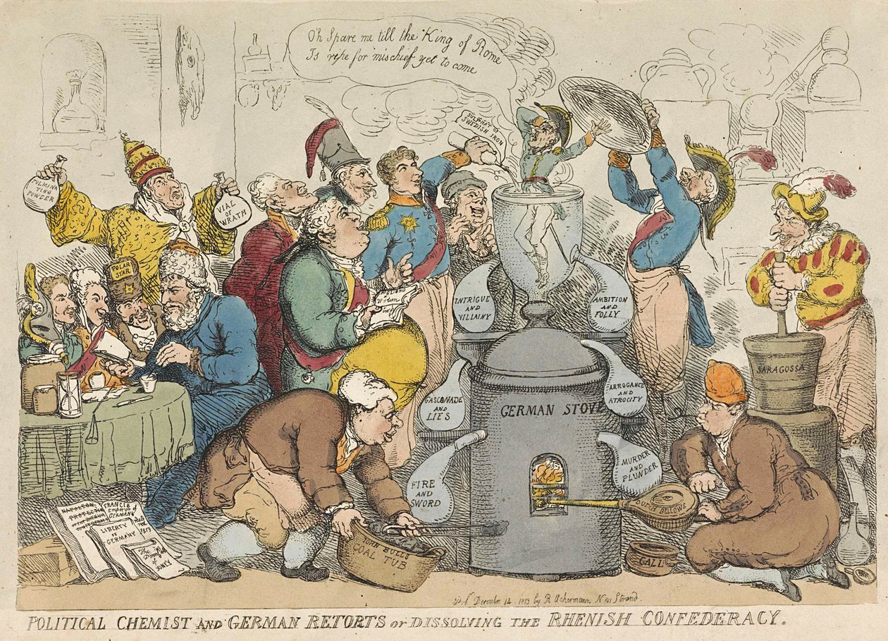 Politisk kjemiker og tysk replikker eller oppløser det rhenske konføderasjonen, pub. 1813 (håndfarget gravering) av Thomas Rowlandson