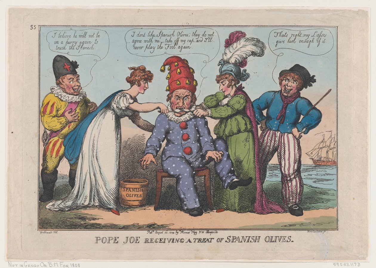 Pave Joe mottar en godbit med spanske oliven, 23. august 1808., 23. august 1808. av Thomas Rowlandson