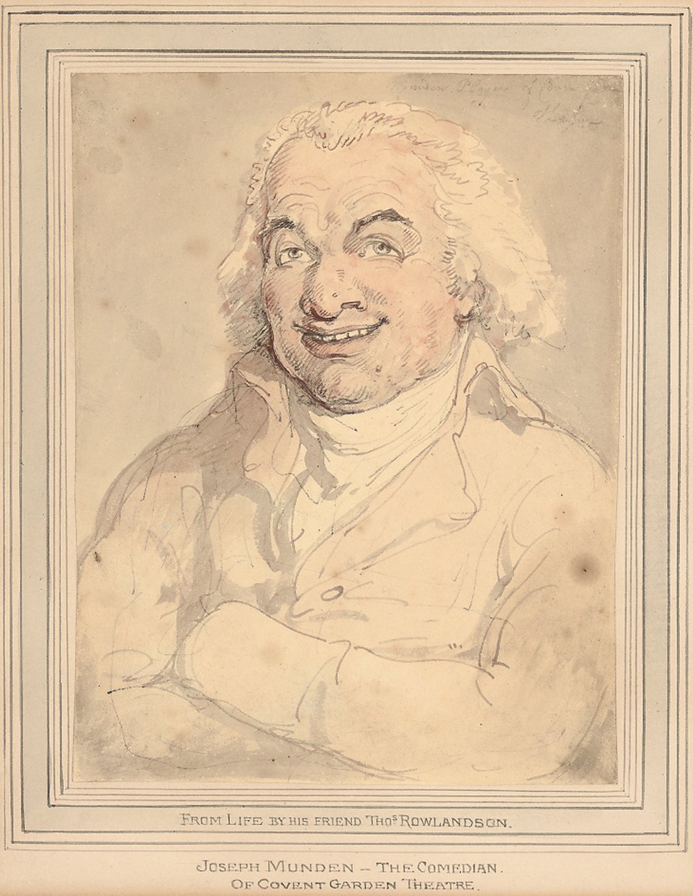 Portrett av Joseph Munden, bystelengde, i en brunfarget frakk av Thomas Rowlandson
