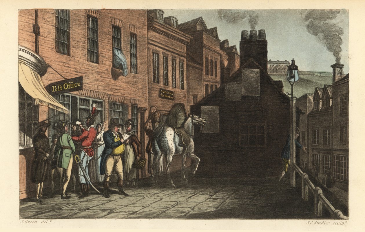 Postkontor: Turister som samler post på postkontoret i Scarborough av Thomas Rowlandson
