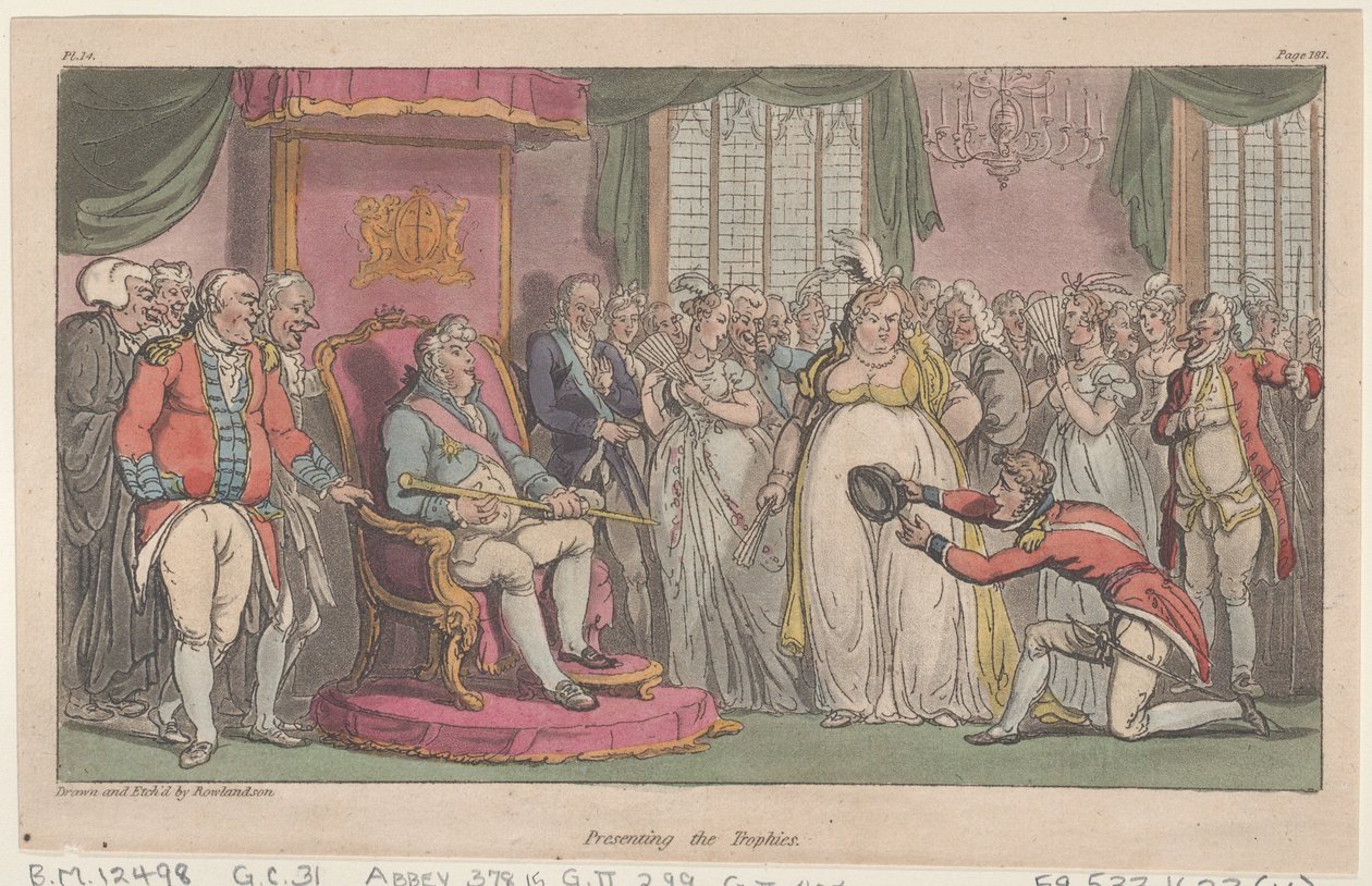 Presenterer trofeene, fra The Military Adventures of Johnny Newcome, 1815., 1815. av Thomas Rowlandson