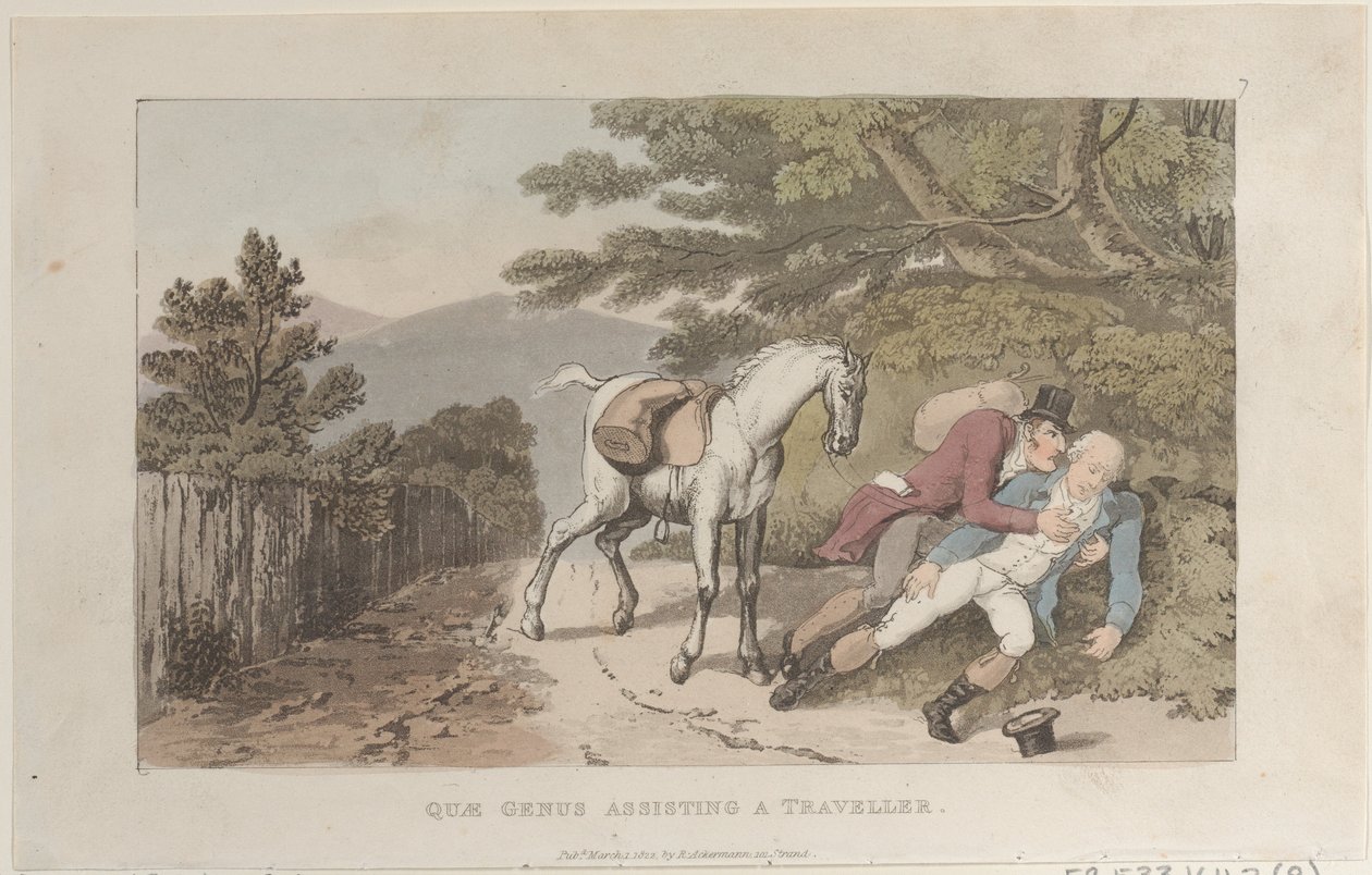Quae Genus Assisting a Traveler, fra The History of Johnny Quae Genus, The Litt..., 1. mars 1822. av Thomas Rowlandson