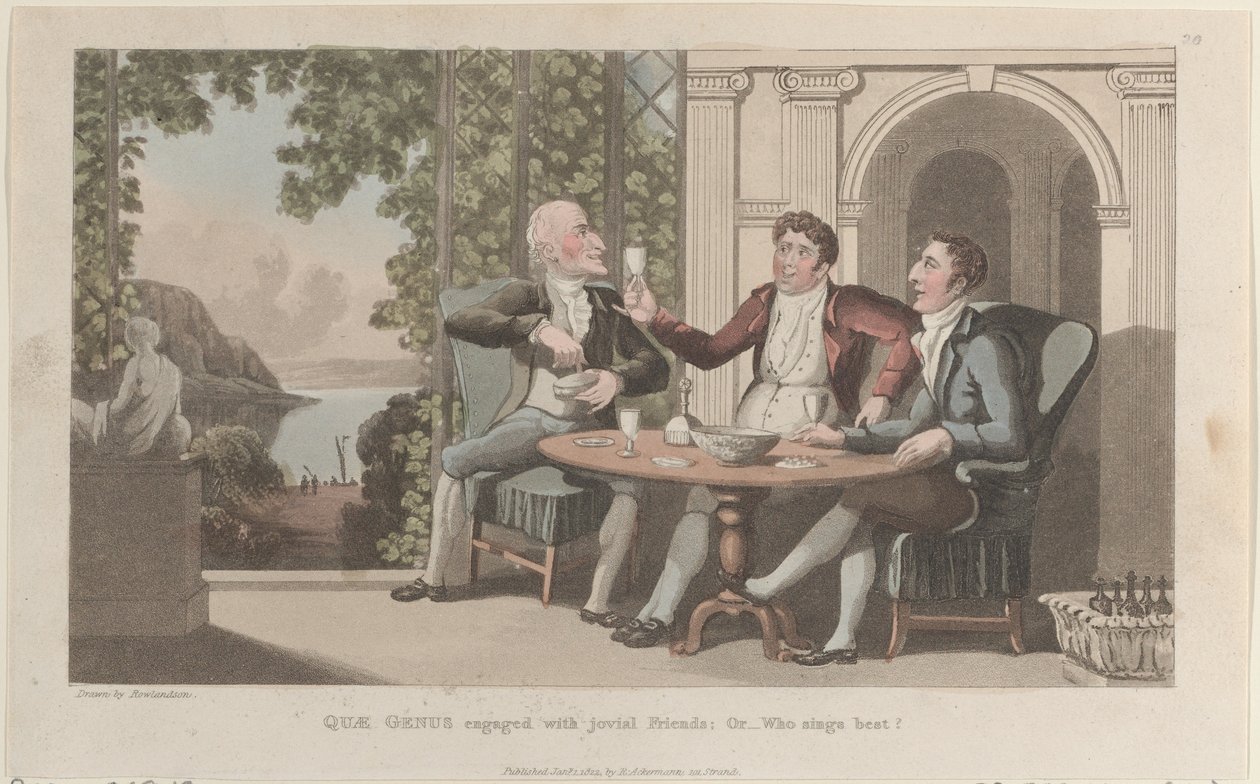 Quae Genus Engaged with Jovial Friends, or-Who Sings Best, fra The History o..., 1. januar 1822. av Thomas Rowlandson