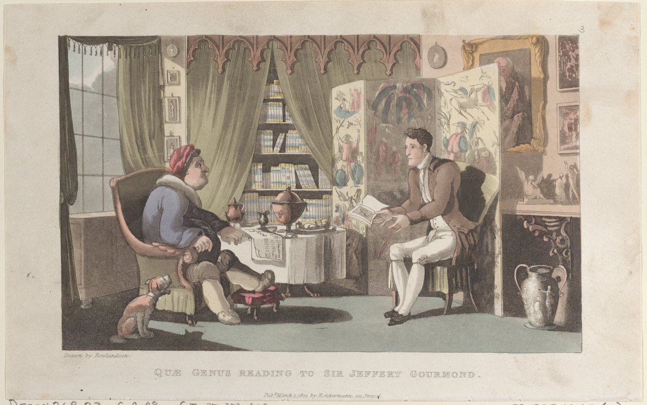 Quae Genus Reading til Sir Jeffery Gourmand, fra The History of Johnny Quae Genu..., 1. mars 1822. av Thomas Rowlandson