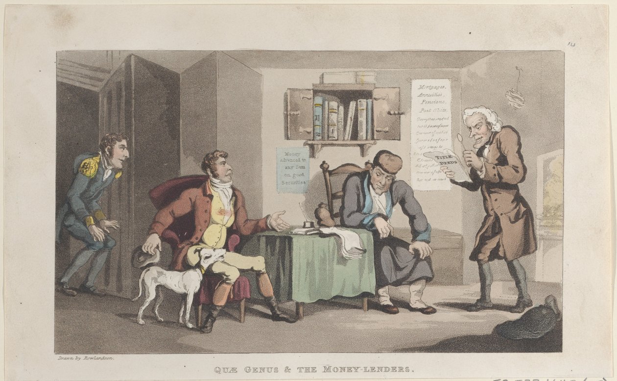 Quae Genus & The Money Lenders, fra The History of Johnny Quae Genus, The L..., 1. september 1821. av Thomas Rowlandson