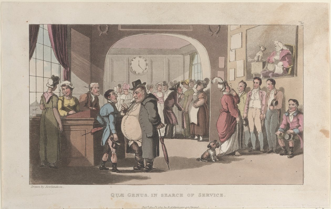 Quae Genus in Search of Service, fra The History of Johnny Quae Genus, The Lit..., 1. august 1821. av Thomas Rowlandson