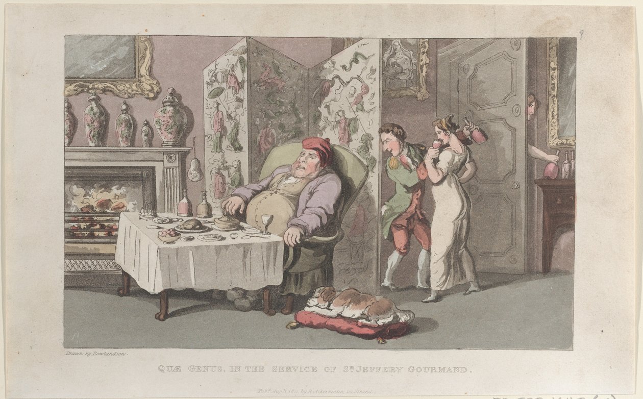 Quae Genus, i tjeneste for sr. Jeffery Gourmand, fra The History of Johnny ..., 1. august 1821. av Thomas Rowlandson