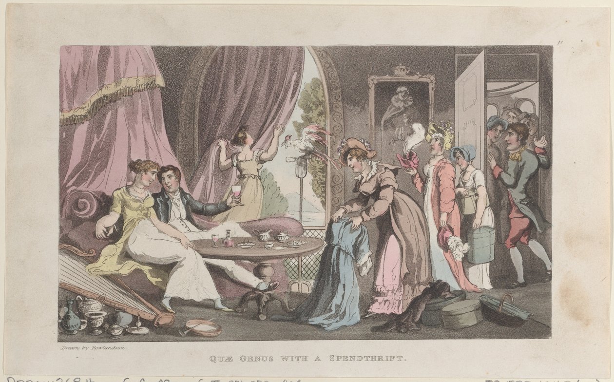 Quae Genus with a Spendthrift, fra The History of Johnny Quae Genus, The Li..., 1. september 1821. av Thomas Rowlandson