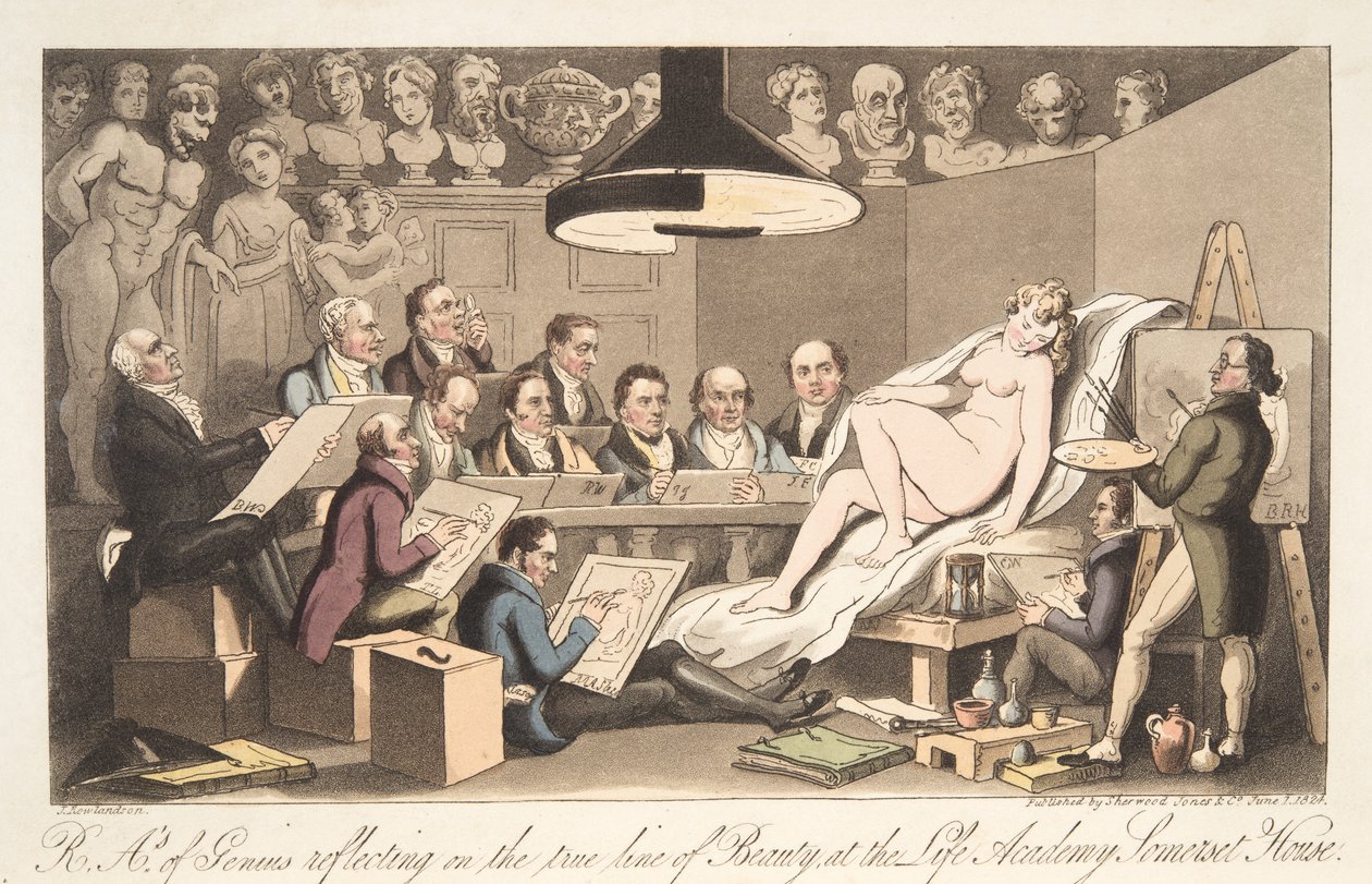 R---A---ys of Genius som reflekterer over den sanne skjønnhetslinjen ved Life Academy, Somerset House, fra The English Spy, pub. 1824 (håndfarget gravering) av Thomas Rowlandson