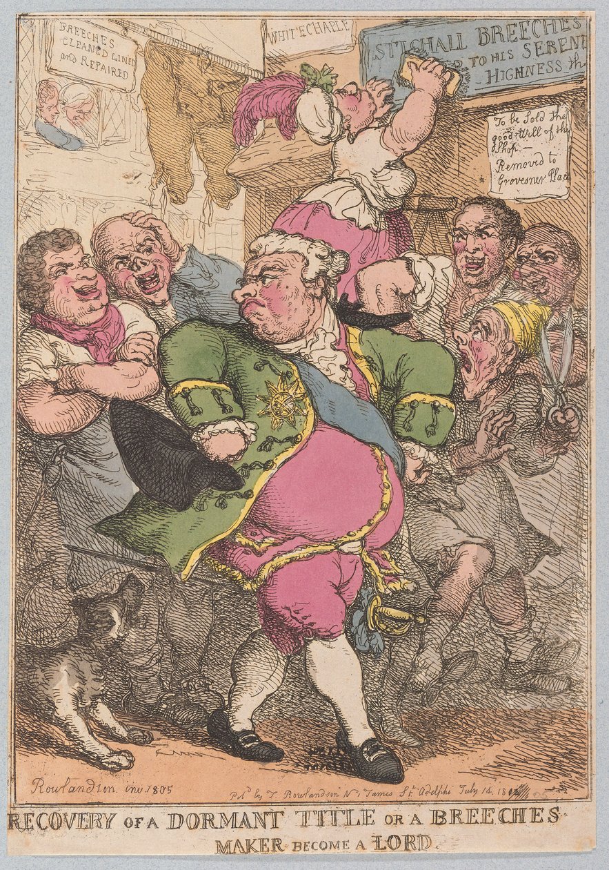 Gjenoppretting av en sovende tittel eller en ridebuksemaker blir en herre, pub. 1805 (håndfarget gravering) av Thomas Rowlandson