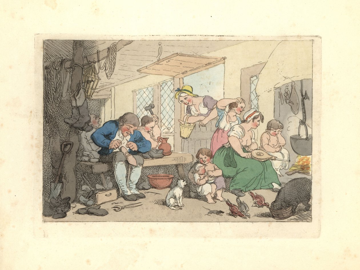 Regency skomaker reparerer sko i et overfylt rom. av Thomas Rowlandson