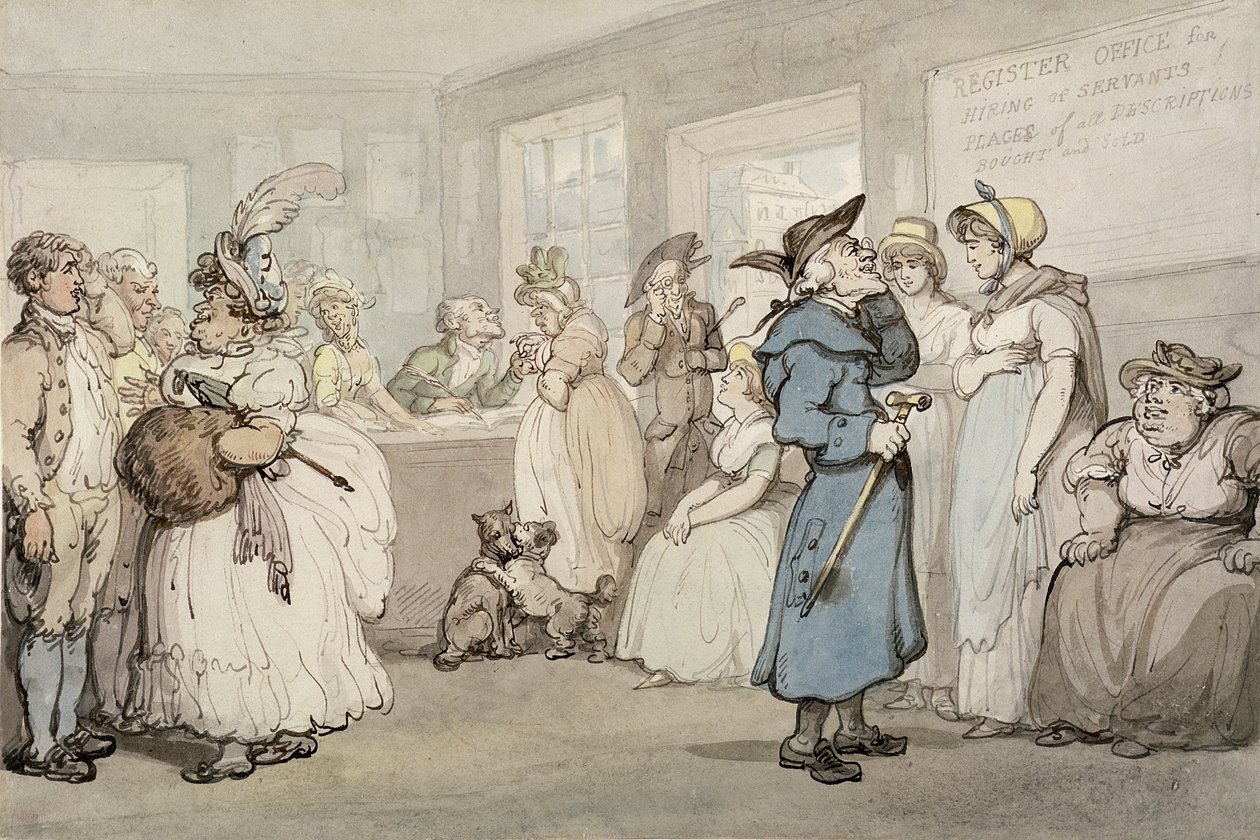 Registerkontoret for ansettelse av tjenere, ca. 1805 (penn og blekk med akvarell på papir) av Thomas Rowlandson