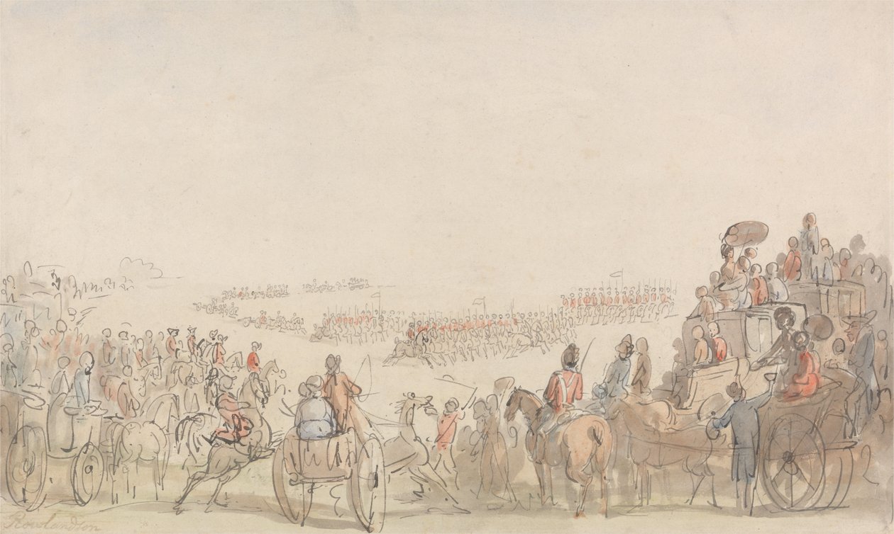 Omtale av Light Horse Volunteers på Wimbledon Common av Thomas Rowlandson