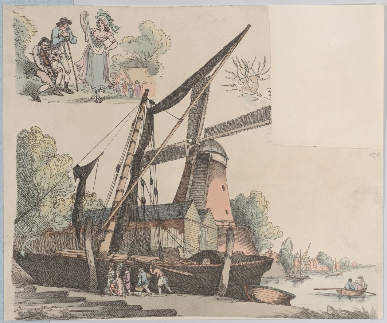 Elvescene med vindmølle fra plate 9, konturer av figurer, landskap og C..., 20. januar 1791. av Thomas Rowlandson