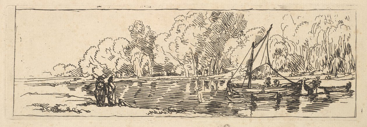 Elve- eller damscene: en seilbåt og en jolle med personer på den nærmeste bredden av Thomas Rowlandson