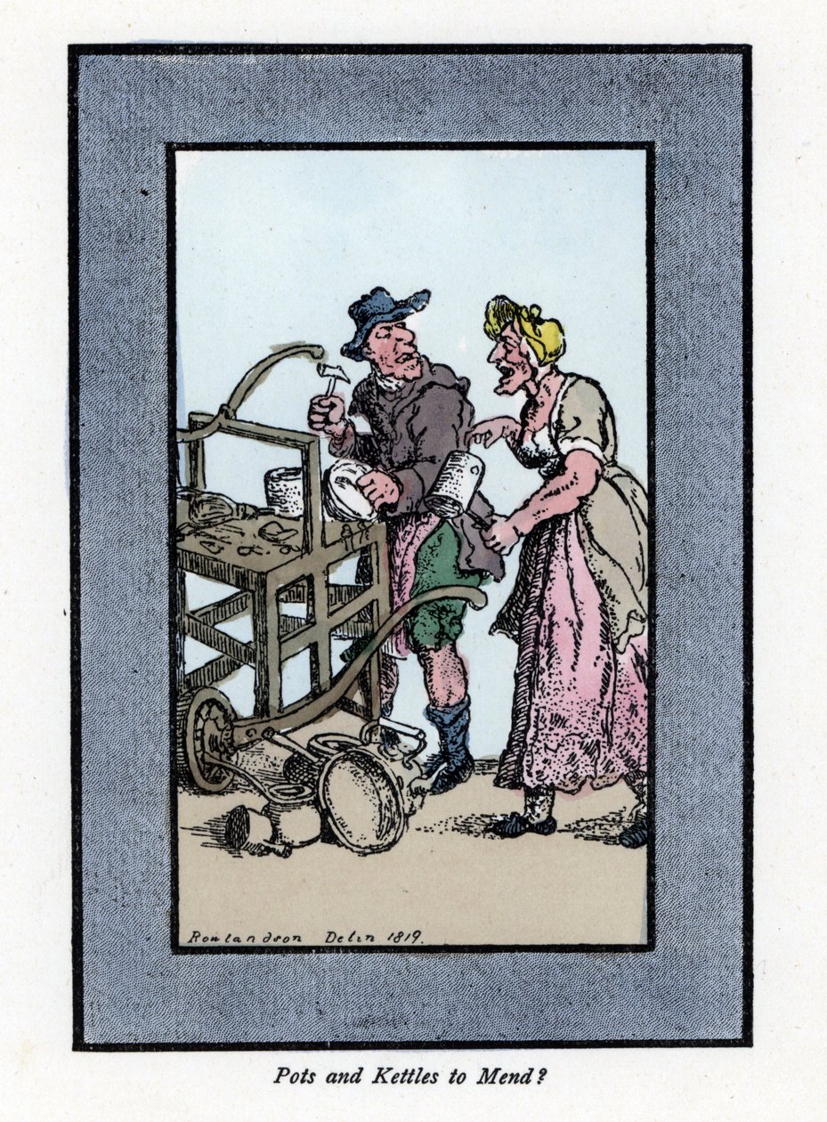 Roaming og klientretamer som viser bunnen av en pott. Han slår en metallgryte med en hammer på en bærbar benk. Tregravering, basert på et maleri av Thomas Rowlandson (1756-1827), publisert i The Cris of London: med seks sjarmerende barn og nesten 40 i av Thomas Rowlandson