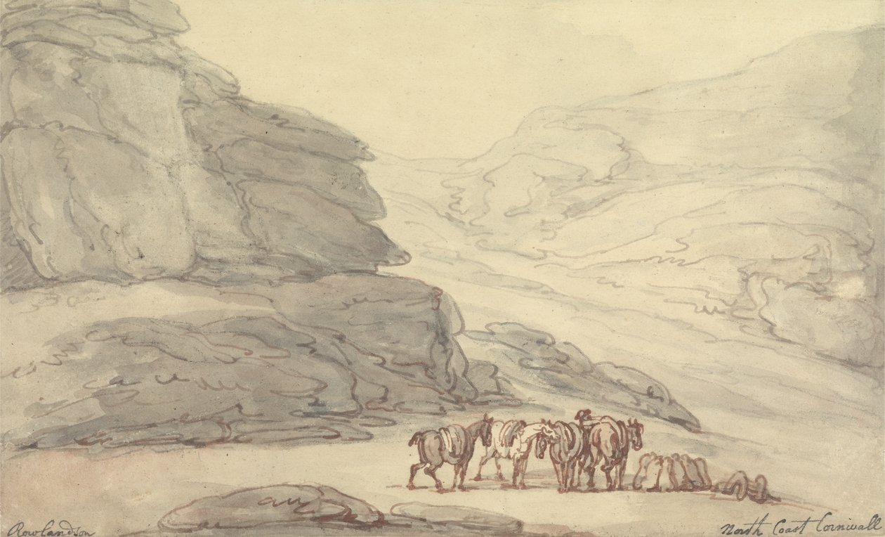Steinete scene på nordkysten, Cornwall (penn og blekk og akvarell på papir) av Thomas Rowlandson
