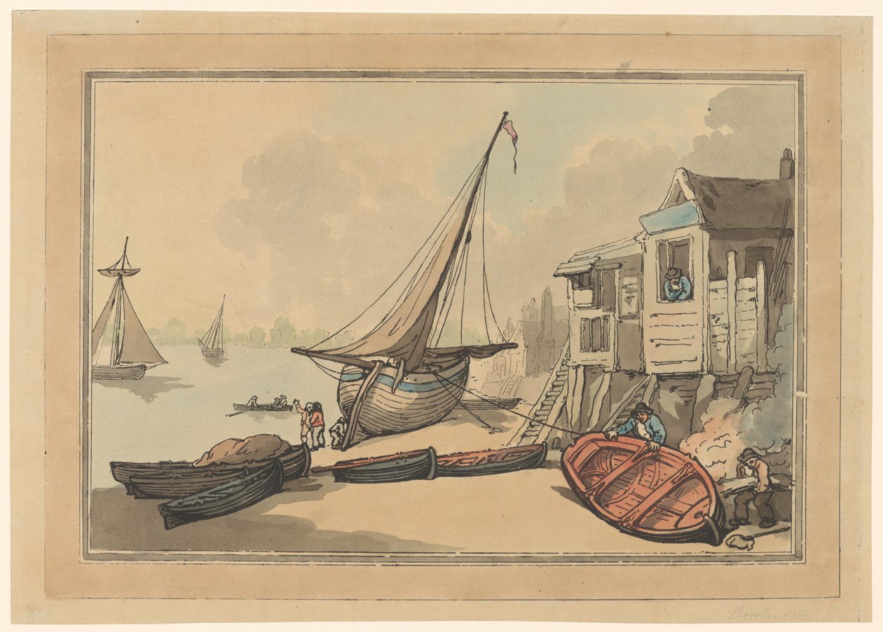 Rorbåter og et seilskip ved en strand av Thomas Rowlandson