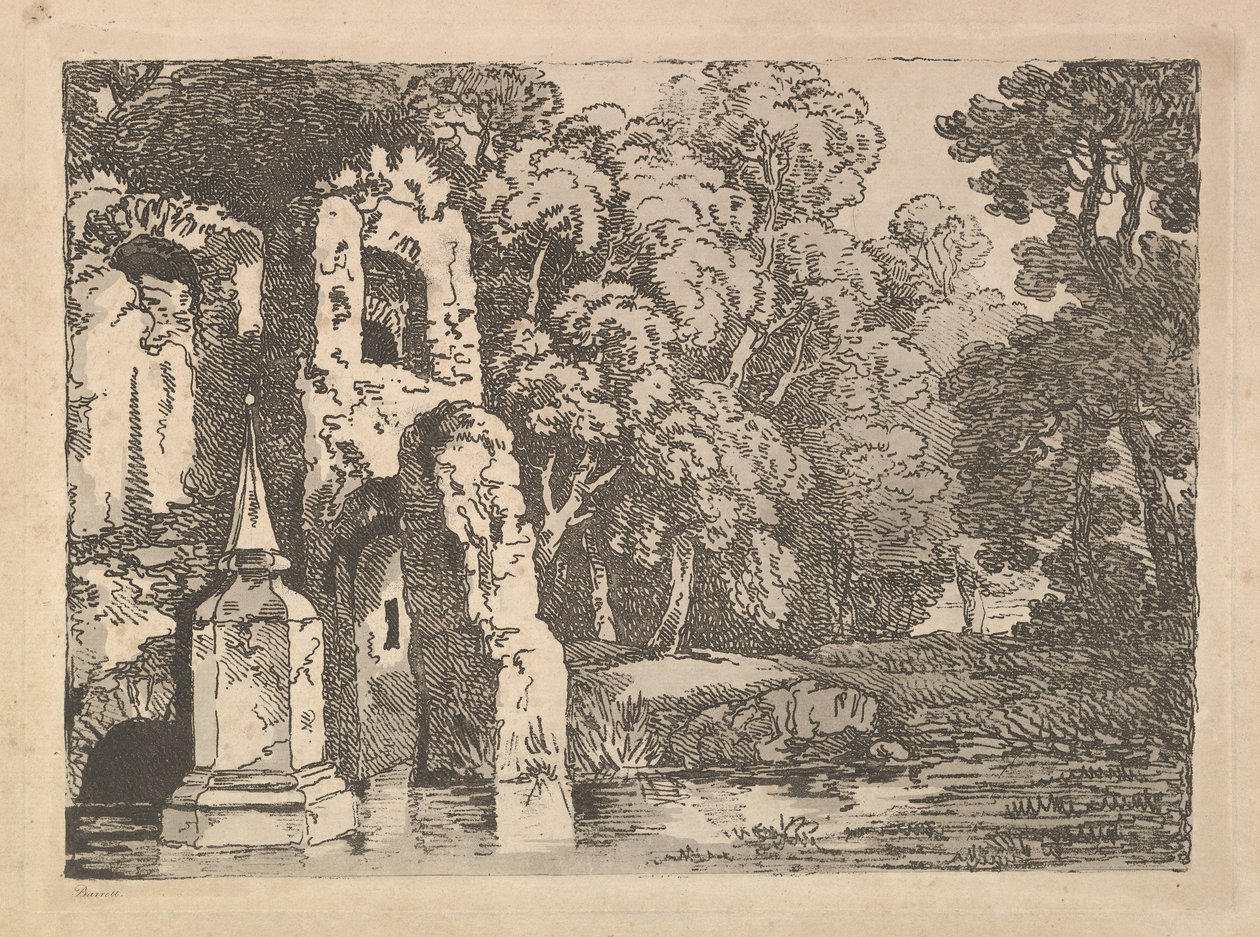 Ruiner ved siden av et basseng i et skogslandskap, 1783-84. av Thomas Rowlandson