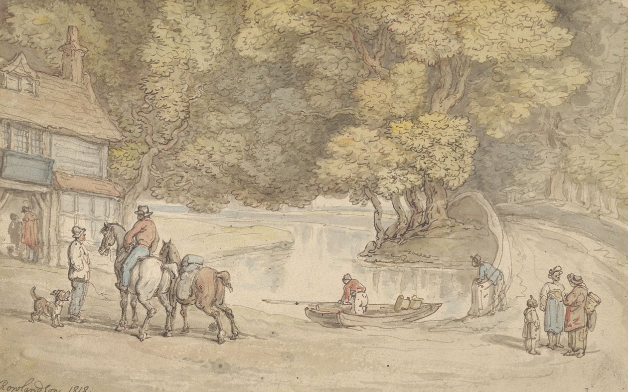 Landlig motiv med en elv og en bro av Thomas Rowlandson